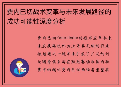 费内巴切战术变革与未来发展路径的成功可能性深度分析